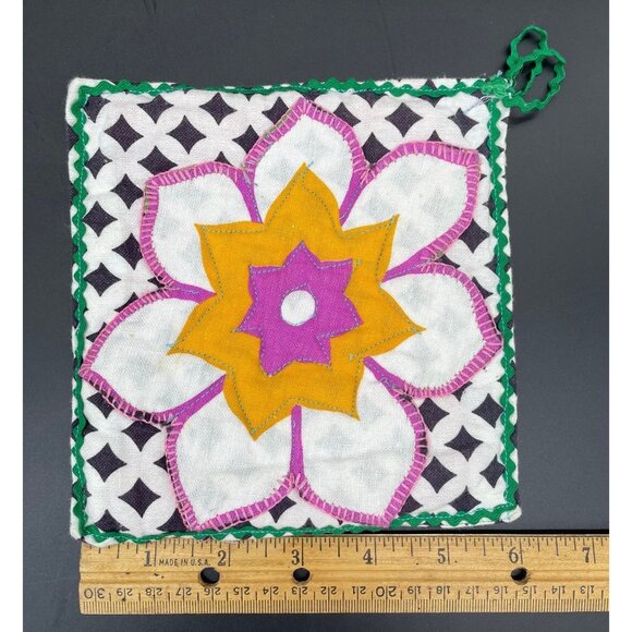 Vintage Apron Pot Holders Set Handmade Flower Power Pink Black White Floral - Picture 8 of 10